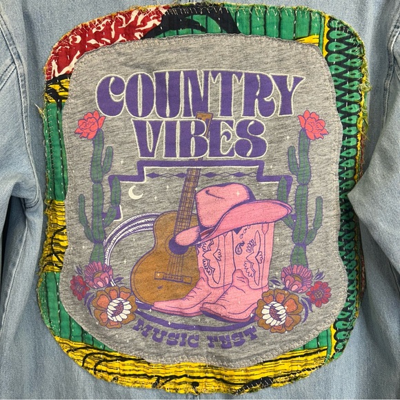 Upcycled Country Vibes Long Light Blue Denim Jacket Womens L Festival Cowgirl - Picture 6 of 15